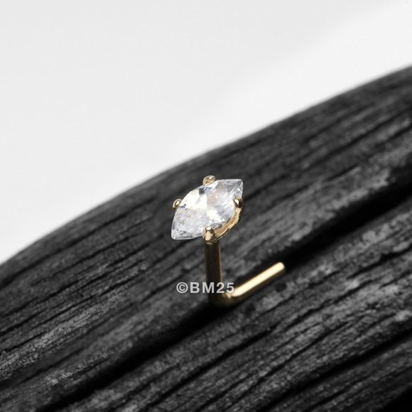 14 Karat Gold Prong Set Marquise Gem Sparkle L-Shaped Nose Ring - Clear Gem - Picture 1 of 2